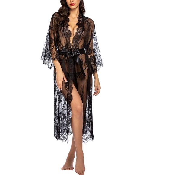 Long Lace Lingerie Kimono Robe Swimsuit Cover Up - Picture 3 of 8